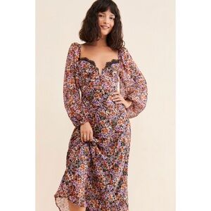 Astr Floral Long Sleeve Dress with Lace Trim